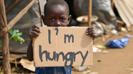 A poor African boy of six years old holds a cardboard with the inscription I'm hungry. concept hunger, people, children, food, crisis