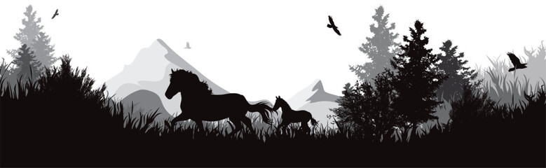 Vector silhouette of a mare and foal running in park. Symbol of nature and farm.