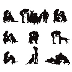 Vector silhouette of a girl with her dog on a white background. Collection of different breeds and situations.