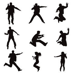 Vector silhouette of man jumping on white background. Symbol of sport and happiness. - 713227060