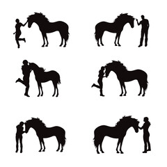 Vector silhouettes of girl with her horse on white background. Symbol of farm.