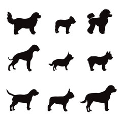 Collection of vector silhouette of different breed on white background. Symbol of pet and dog.