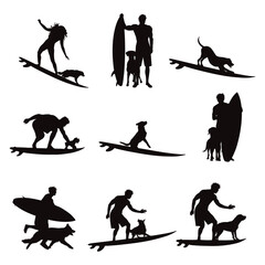 Collection of vector silhouette of boy surfing with his dog on white background. Symbol of sport and pet.