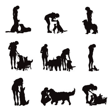 Vector silhouette of a girl with her dog on a white background. Collection of different breeds and situations.