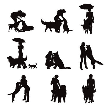 Vector silhouette of a girl with her dog on a white background. Collection of different breeds and situations.