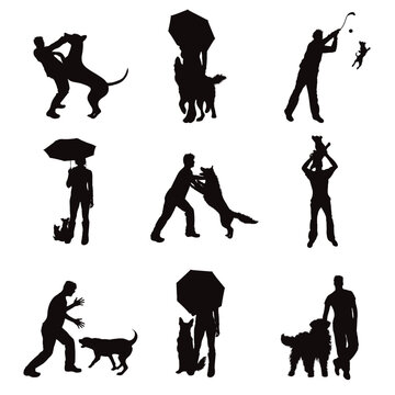 Vector silhouette of a people with their dog on a white background. Collection of different breeds an situations.