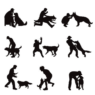 Vector silhouette of a boy with his dog on a white background. Collection of different breeds and situations.