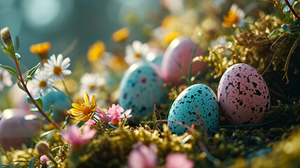 Obraz na płótnie Canvas Easter background with coloured eggs. AI generative.