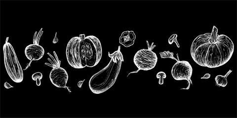 Horizontal border of Vegetables sketch white on black. Hand-drawn Harvest. Vegetarian food Vector illustration.