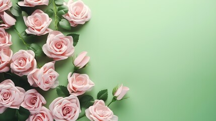 Pink fabric rose vintage on green background, beautiful roses on green paper background.
