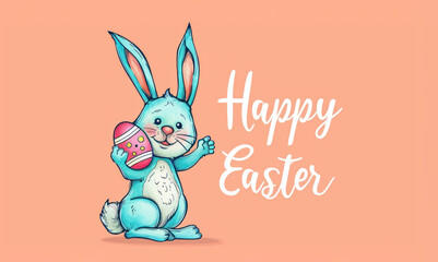 card with Easter drawn bunny and egg and text Happy Easter on a peach background. spring concept, congratulations,