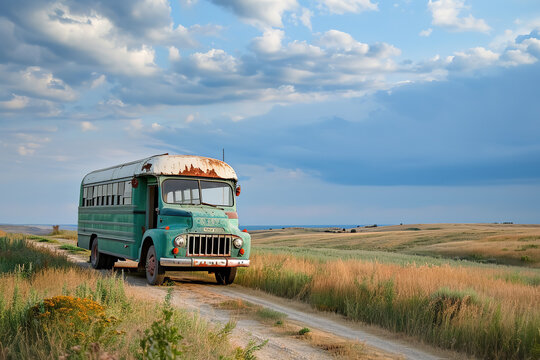 Adventurous mobile post office in a vintage bus - traveling through rural landscapes and serving local communities.