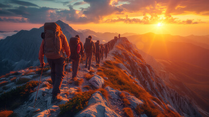 a group of people with backpacks walking one after the other on a lightly snow-covered mountain ridge against the background of a beautiful sky and sunrise or sunset showing yellow-orange colors