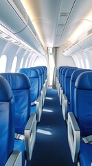 airplane interior with blue seats and a corridor. aero concept, airplanes, air transport, vacation, interior