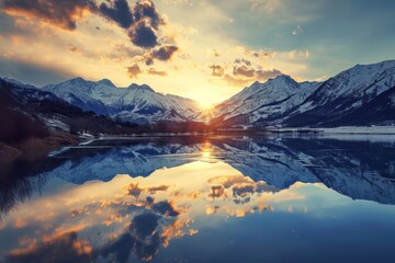 Fototapeta na wymiar Sunset in the mountains at a calm lake. Generative AI