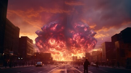 Obraz premium fiery explosion in a large modern city as seen from a drone. fire mushroom in the dark sky. concept of destruction, explosions, war, attack