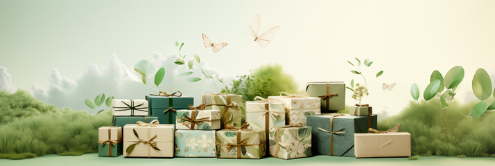 Collection of gift boxes banner in whimsical garden with fluttering butterflies and tender greenery. Sustainable environment concept, eco-friendly boxes. Wide panoramic header