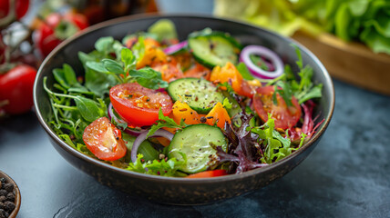 the natural vibrancy and textures of a colourful and fresh salad in midday light.