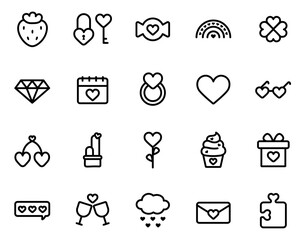Valentines Day simple black line icons vector set. Set of valentine's day icons, such as celebration, happy, romantic, heart, love. Outline icons collection. Many various romantic objects. Linear