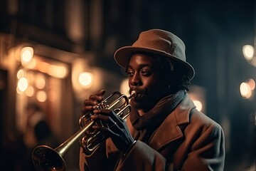 A jazz musician clad in a fedora passionately serenades the streets with his brass instrument,...