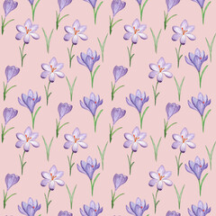 Watercolor seamless pattern of beautiful spring flowers, crocuses on a light background