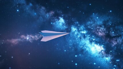 on dark blue background a paper airplane in space flies among the universe and stars. space concept, technology, ideas, creative, airplanes