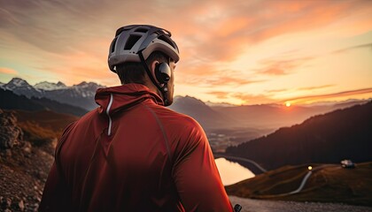 Close up of man in sport clothing standing behind nature with black bicycle. Athlete cyclist in outdoor nature healthy active lifestyles.