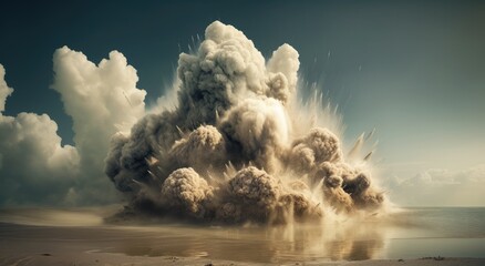 The vast desert sky was filled with smoke and billowing clouds as the ground shook from a massive explosion, sending waves crashing onto the beach and disrupting the tranquil landscape of nature and  - obrazy, fototapety, plakaty