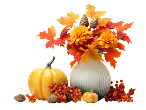 a vase with orange leaves and pumpkins