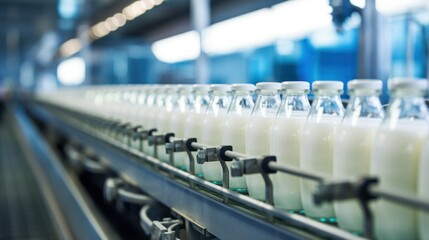 milk glass production at the factory. ribbon with moving bottles filled with milk. concept: dairy products, production, protein, kefir, fermented baked milk - obrazy, fototapety, plakaty