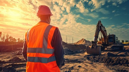 One man builder in a safety helmet and reflective suit stands with his back to the camera and controls the work of workers on a tractor bokeh background. concept construction