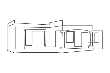 modern house One continuous line drawing. Flat roof house or commercial building. isolated on white background. Vector illustration 
