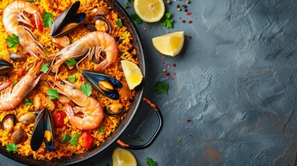 vertical banner spanish paella on a white background top view with space for text. concept food, traditions, seafood, veganism