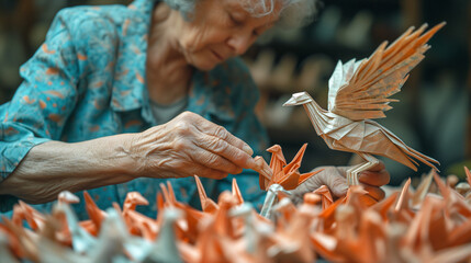 an old gray-haired woman adds another beautiful paper bird to her origami collection - obrazy, fototapety, plakaty