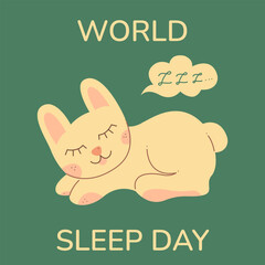 Cute sleeping bunny on World Sleep Day. Flat color vector illustration. Could be a template for an Instagram post.