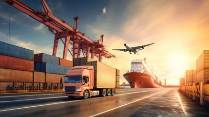 Fotobehang photo of logistics transport plane, ship, truck and cranes for transporting goods. cargo transportation concept, transport message, parcel © Aksana