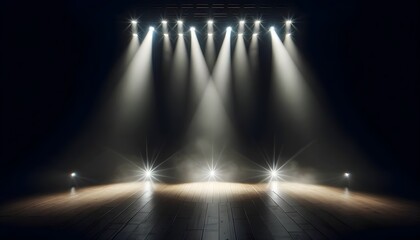 This image depicts a dark stage illuminated by stark beams of light from above and the sides,...