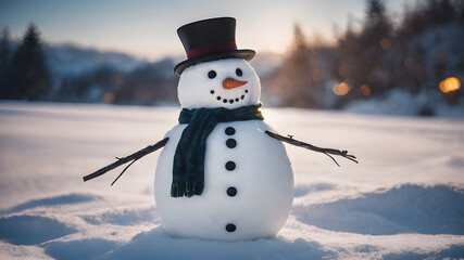 scenery playful and smile snowy snowman in snowfall