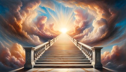 This image depicts a grand, marble staircase ascending towards a radiant sun breaking through dramatic clouds, creating an ethereal and heavenly scene. - obrazy, fototapety, plakaty