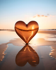 Fototapeta premium Heart shape on the beach at sunset. Love and romance concept.