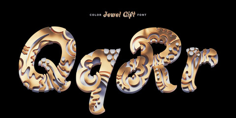 3d rendered set of golden and silver letters with decorative abstract surface on black background