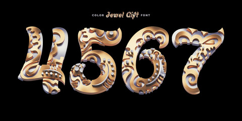 3d rendered set of golden and silver letters with decorative abstract surface on black background