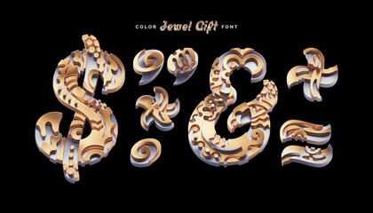 3d rendered set of golden and silver letters with decorative abstract surface on black background