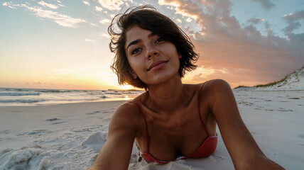 Lächelnde junge Frau mit dunklen Haare am Strand bei Sonnenuntergang, Generative AI