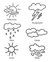 Set of icons for the weather forecast in the doodle style. Simple hand-drawn weather icons. Black and white doodles of sunny, rainy, foggy, cloudy, windy weather and thunderstorms