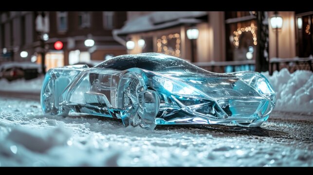 Sports car made of ice on a night street