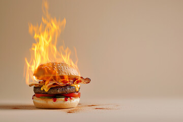 Burning burger, cheeseburger on fire. Hot hamburger in flames, spicy food, burning calories, weight loss and healthy diet concept. Fit motivation, discipline, regime, healthy food choices, burn fat - obrazy, fototapety, plakaty