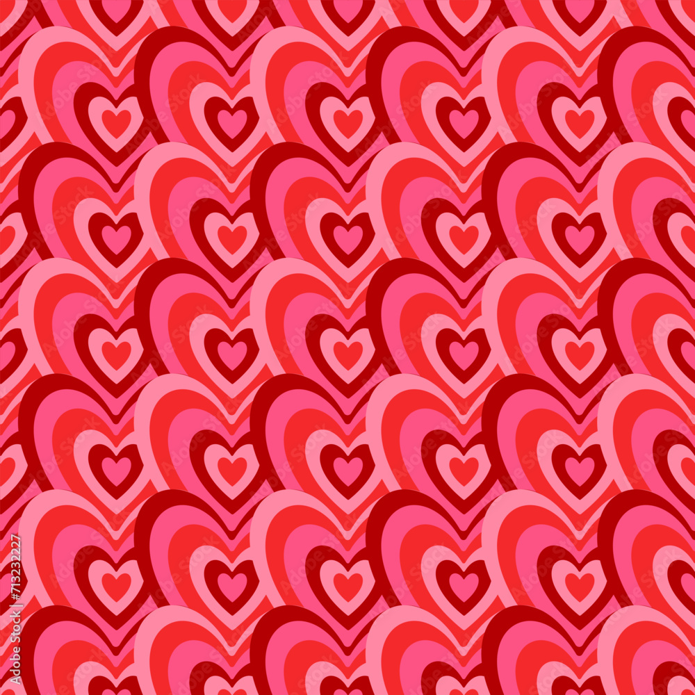 Poster groovy hearts seamless pattern. psychedelic distorted vector background in 1970s-1980s hippie retro 