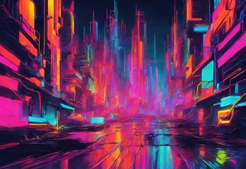 Abstract Art Neon Dreamscapes: Cityscapes Pulsate with Electric Vibes.