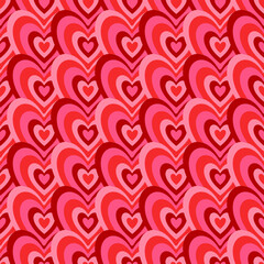 Groovy Hearts Seamless Pattern. Psychedelic Distorted Vector Background in 1970s-1980s Hippie Retro Style for Print on Textile, Wrapping Paper, Web Design and Social Media. Pink and Purple Colors. - 713232227